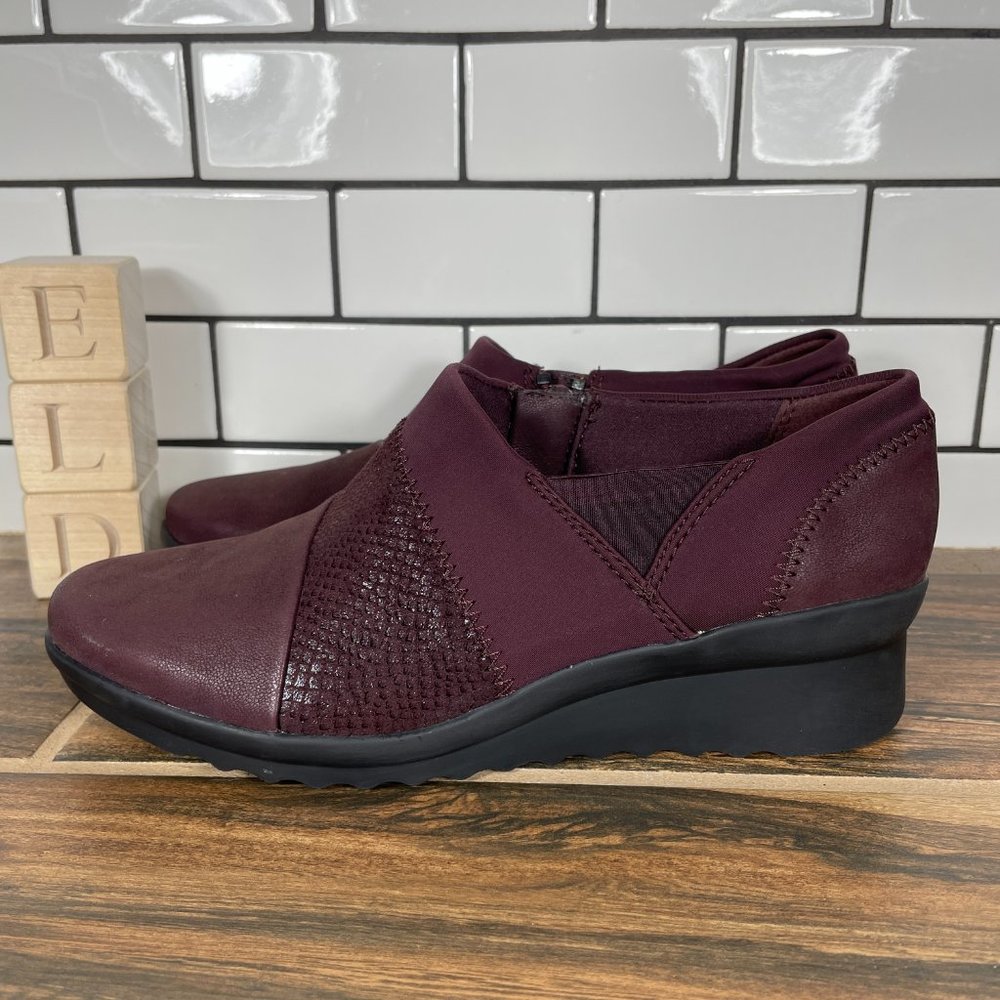 Clarks Caddell Denali Women's Size 6 Shoes Burgundy Zip Comfort Wedge Loafer